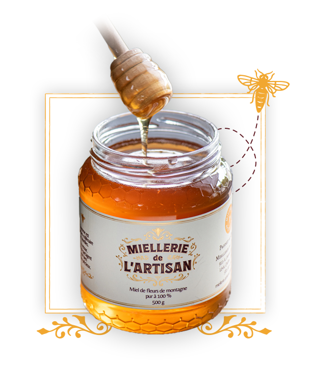 Pot de miel artisanal de fleurs de montagne, pur à 100%.