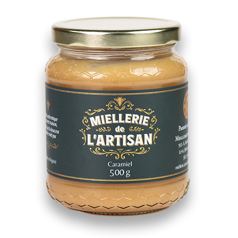 Pot de miel caramel artisanal de Miellerie de l'Artisan, 500g.
