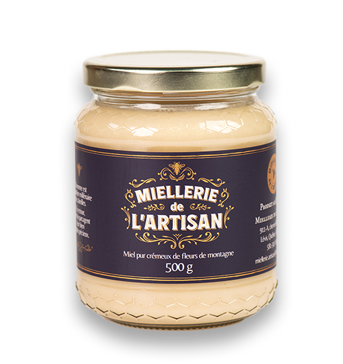 Pot de miel crémeux de fleurs de montagne de Miellerie de l'Artisan, 500g.