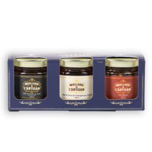 Trio de miels Mielerrie de l'Artisan : nature, rhum et piquant.