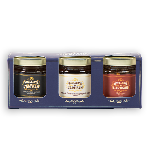 Trio de miels Mielerrie de l'Artisan : nature, rhum et piquant.