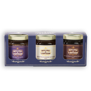 Coffret de trois miels : vanille, cannelle et fleurs de montagne