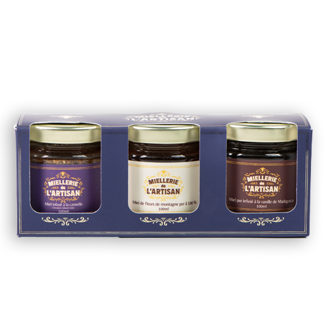 Coffret de trois miels : vanille, cannelle et fleurs de montagne